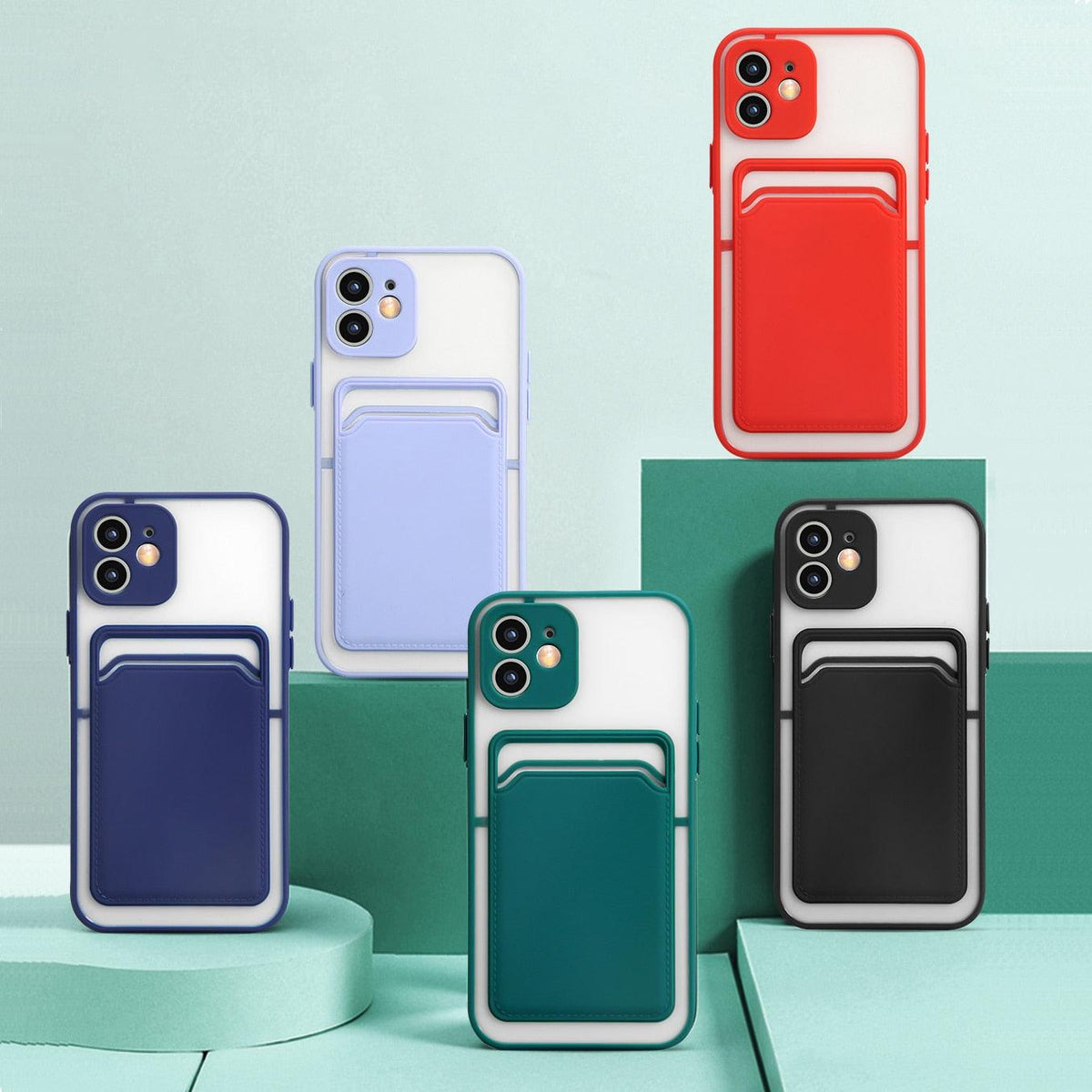 Luxury Card Holder Wallet Case For iPhone 11 Pro Max 12 Mini X XR 7 8 Plus XS Max Hard Solid Color Clear Protection Cover  Soft Silicone Shockproof Back Cover