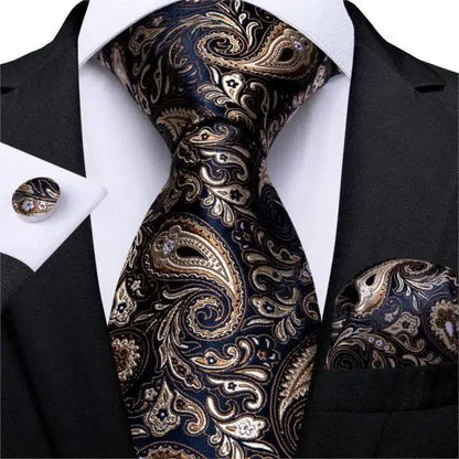 Luxury Wedding Party Floral Design Silk Necktie Hanky And Matching Cufflinks Set For Men Classic Design Necktie Set For Men