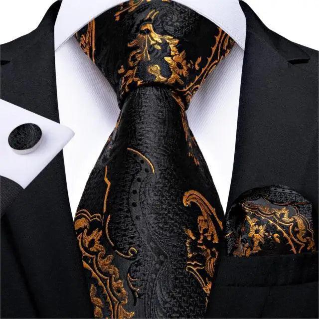 Luxury Wedding Party Floral Design Silk Necktie Hanky And Matching Cufflinks Set For Men Classic Design Necktie Set For Men