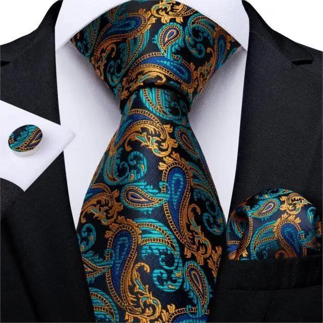Luxury Wedding Party Floral Design Silk Necktie Hanky And Matching Cufflinks Set For Men Classic Design Necktie Set For Men