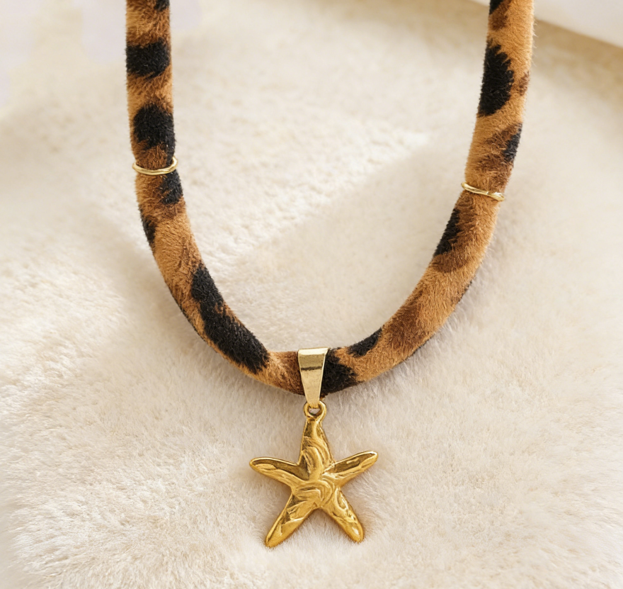 Leopard Print Ribbon Necklace with Sun &amp; Gecko Charms