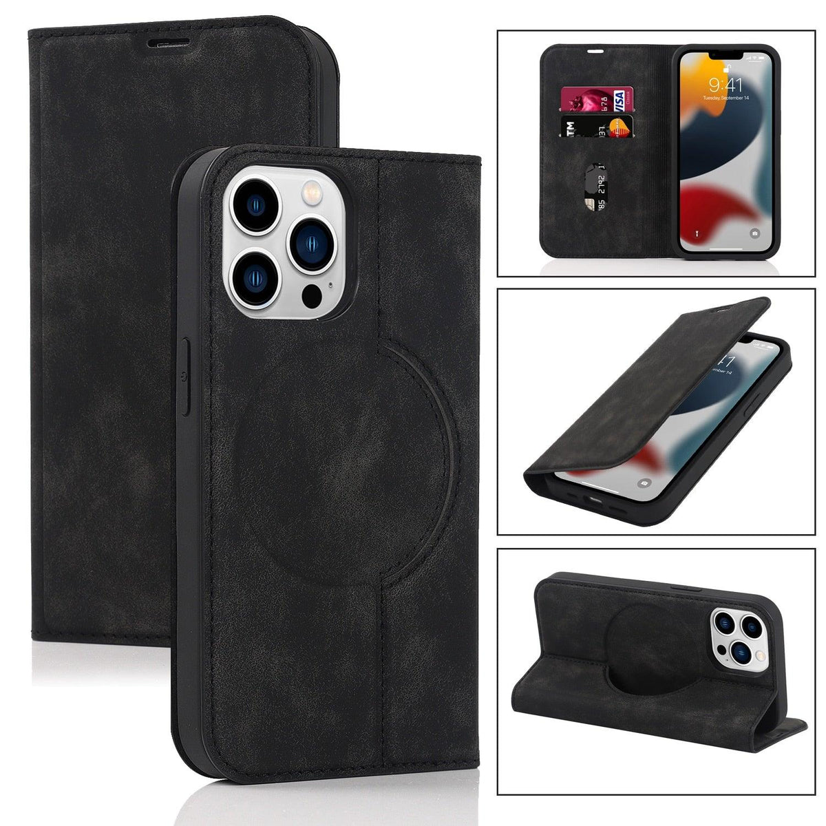 Magnetic Leather Wallet Phone Cover for iPhone 14 Plus 13 Pro Max 12 Mini for Wireless Charging Kickstand Card Case Magnetic Flip PU Leather Phone Case with Card Holder Slots Kickstand Shockproof Case