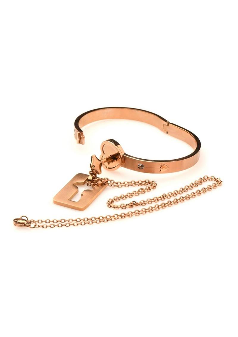 Cuffed Locking Bracelet And Key Necklace Rose Gold