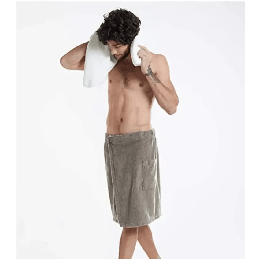 Men Plush Fleece Wrap Spa Gym Bath Wrap Solid Color Classy Design Bathrobes With Pocket Trendy Men&