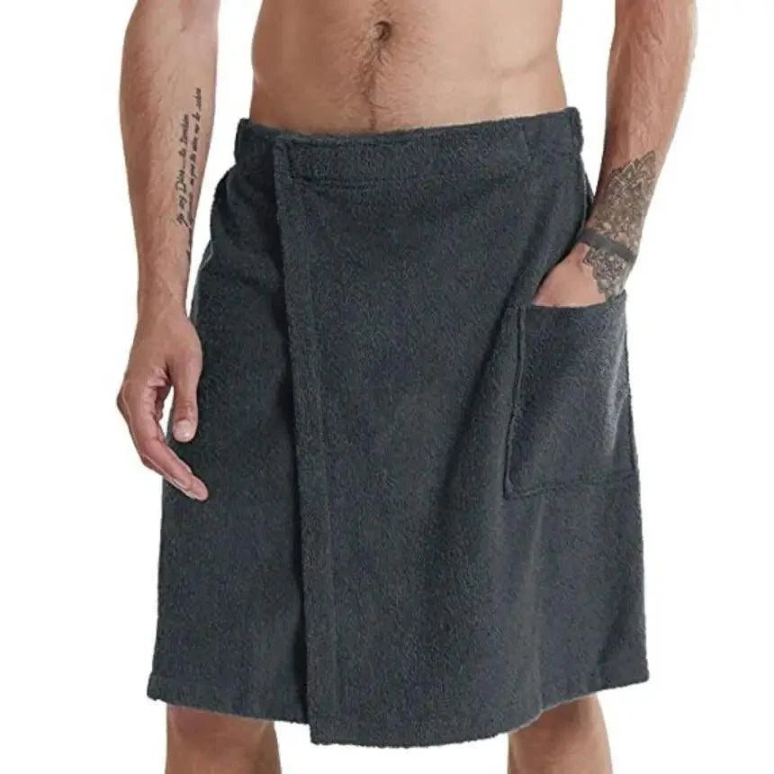 Men Plush Fleece Wrap Spa Gym Bath Wrap Solid Color Classy Design Bathrobes With Pocket Trendy Men&