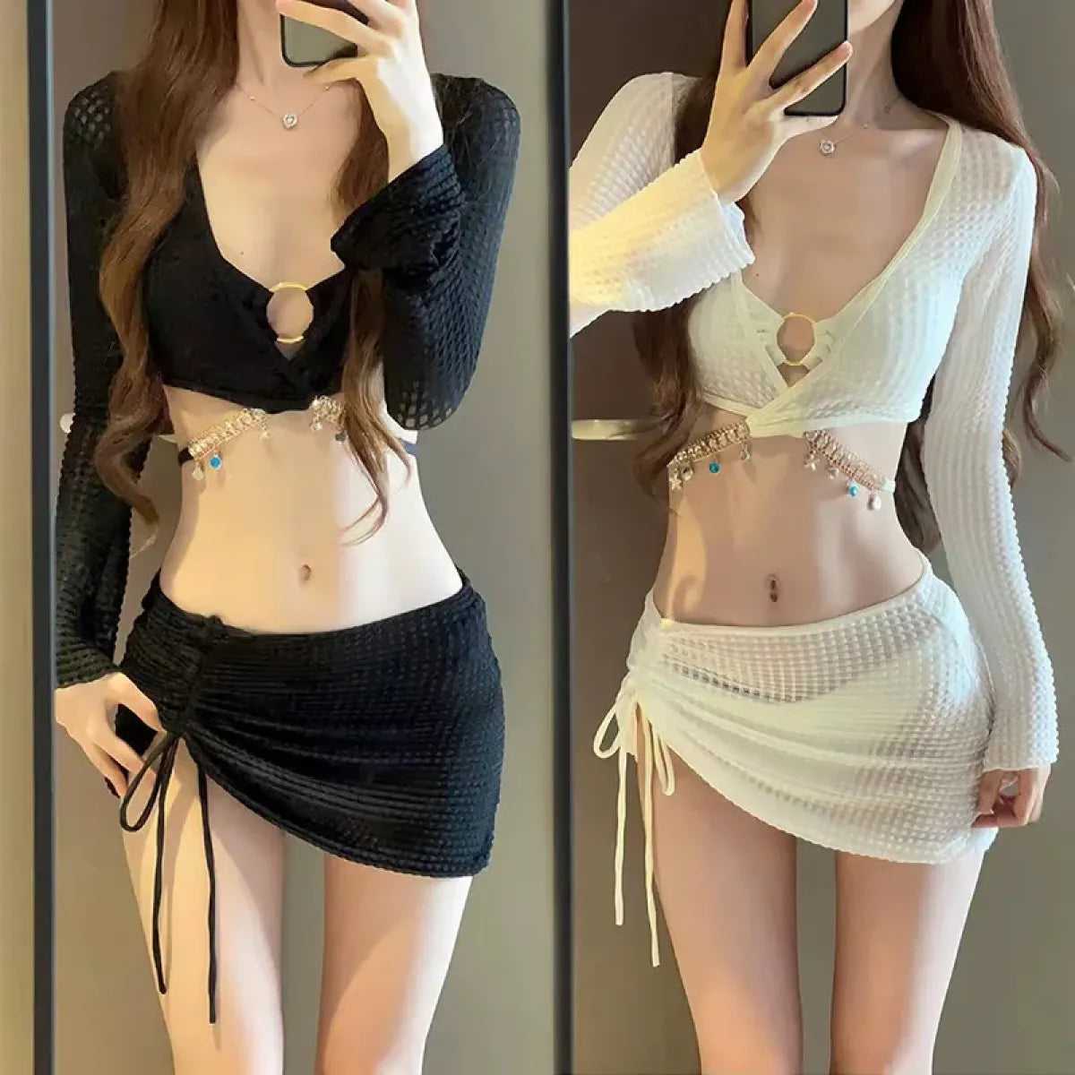 Mermaid 4PC Bikini Set – Drawstring Skirt &amp; Diamond Chain Trim