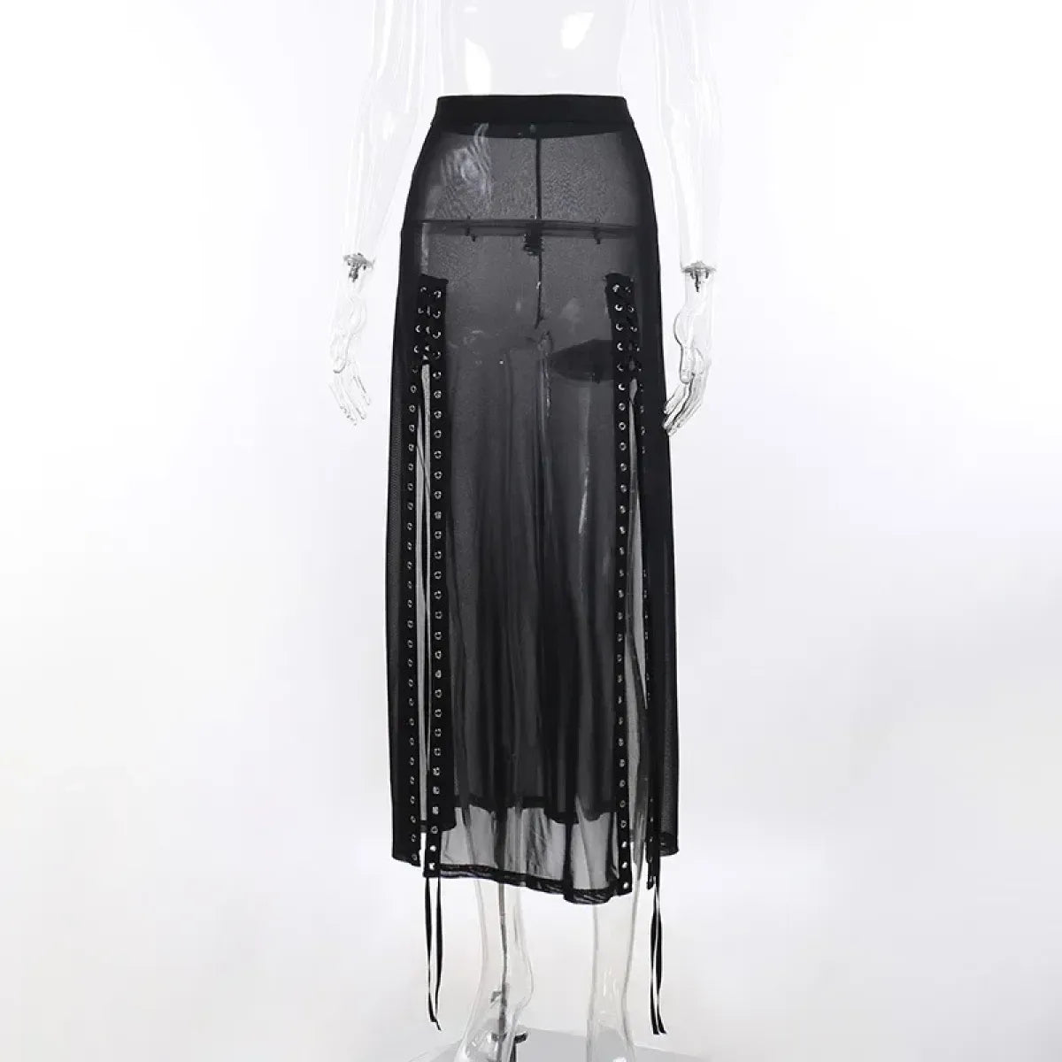 Mesh Gothic Side Slit Skirt – Punk Lace-Up High Waist Maxi Skirt