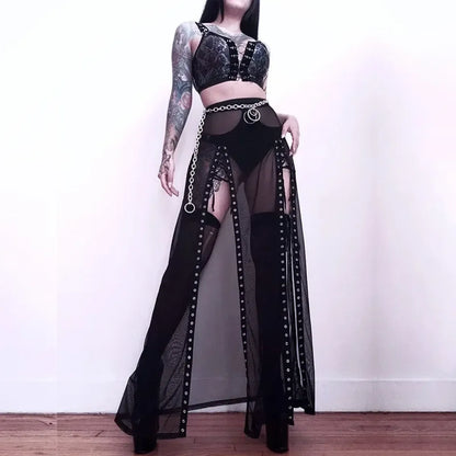 Mesh Gothic Side Slit Skirt – Punk Lace-Up High Waist Maxi Skirt