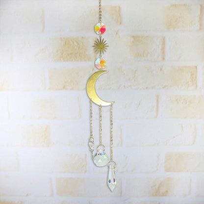 Metallic Hoop Moon Sun Wind Chimes K9 Crystal Prisms Hanging Sun-catcher Rainbow Chaser Window Curtains Pendant Home Decor Gifts For Wall Hanging Decor Room Home Photography Prop