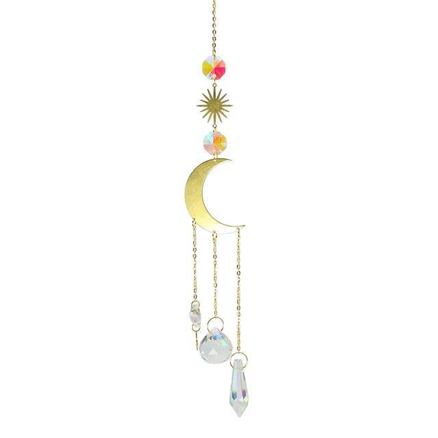 Metallic Hoop Moon Sun Wind Chimes K9 Crystal Prisms Hanging Sun-catcher Rainbow Chaser Window Curtains Pendant Home Decor Gifts For Wall Hanging Decor Room Home Photography Prop