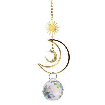 Metallic Hoop Moon Sun Wind Chimes K9 Crystal Prisms Hanging Sun-catcher Rainbow Chaser Window Curtains Pendant Home Decor Gifts For Wall Hanging Decor Room Home Photography Prop