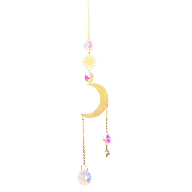 Metallic Hoop Moon Sun Wind Chimes K9 Crystal Prisms Hanging Sun-catcher Rainbow Chaser Window Curtains Pendant Home Decor Gifts For Wall Hanging Decor Room Home Photography Prop