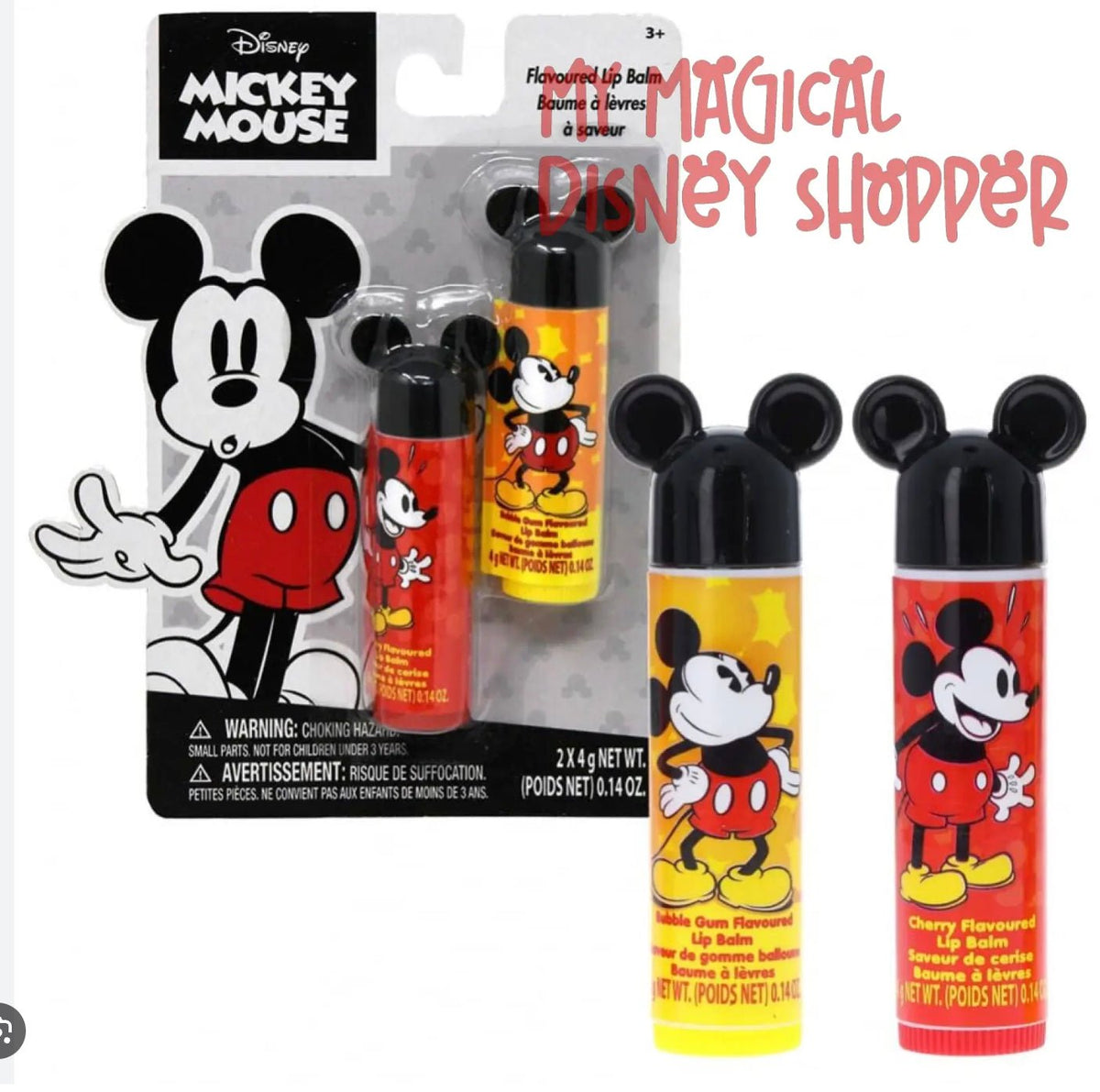 Disney Mickey Mouse Kids Flavored Lip Balm 2-Pack – Cherry &amp; Bubble Gum, Mickey Ears Caps – Party Favors &amp; Stocking Stuffers