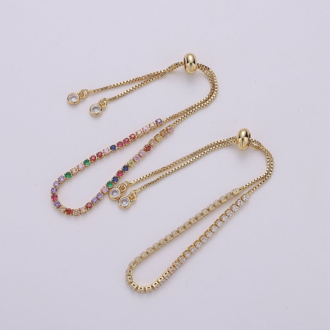 Micro Pave Adjustable Bracelet, Rainbow Clear CZ Cubic Bracelet Gold tennis bracelet in 14k Gold Filled Chain | K-546 K-547