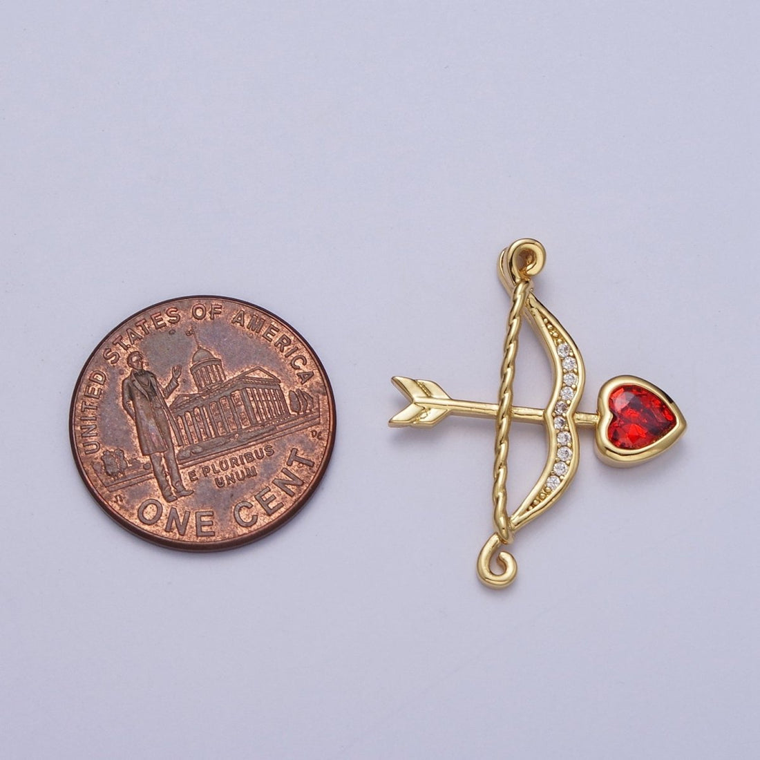Micro Pave Archery Bow &amp; Arrow with Red Heart Cubic Zirconia Gold Charm For Jewelry Making AG-133