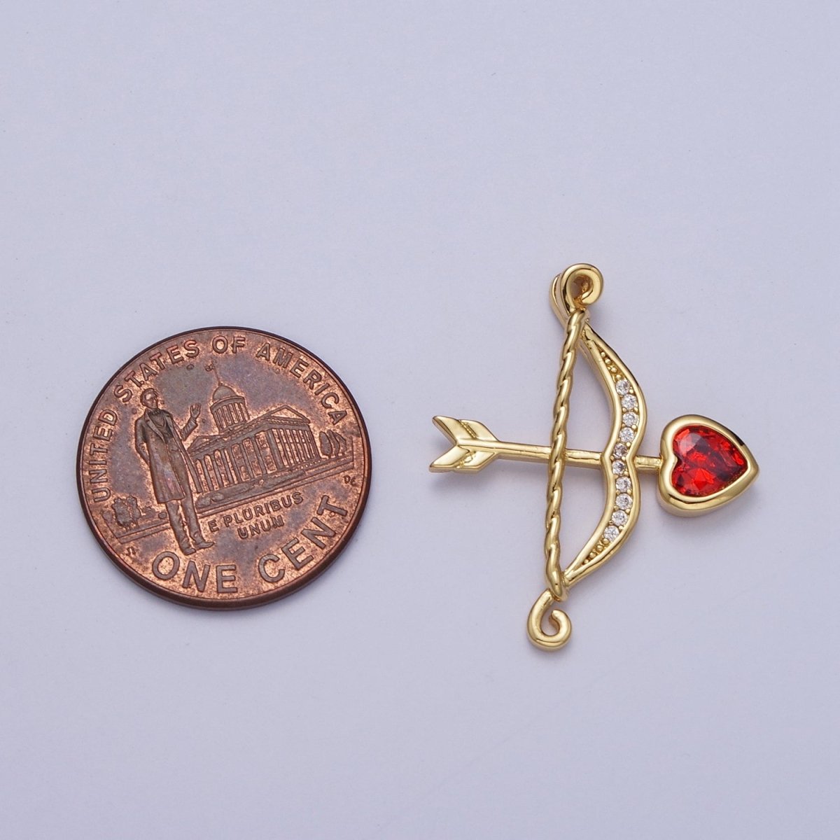 Micro Pave Archery Bow &amp; Arrow with Red Heart Cubic Zirconia Gold Charm For Jewelry Making AG-133