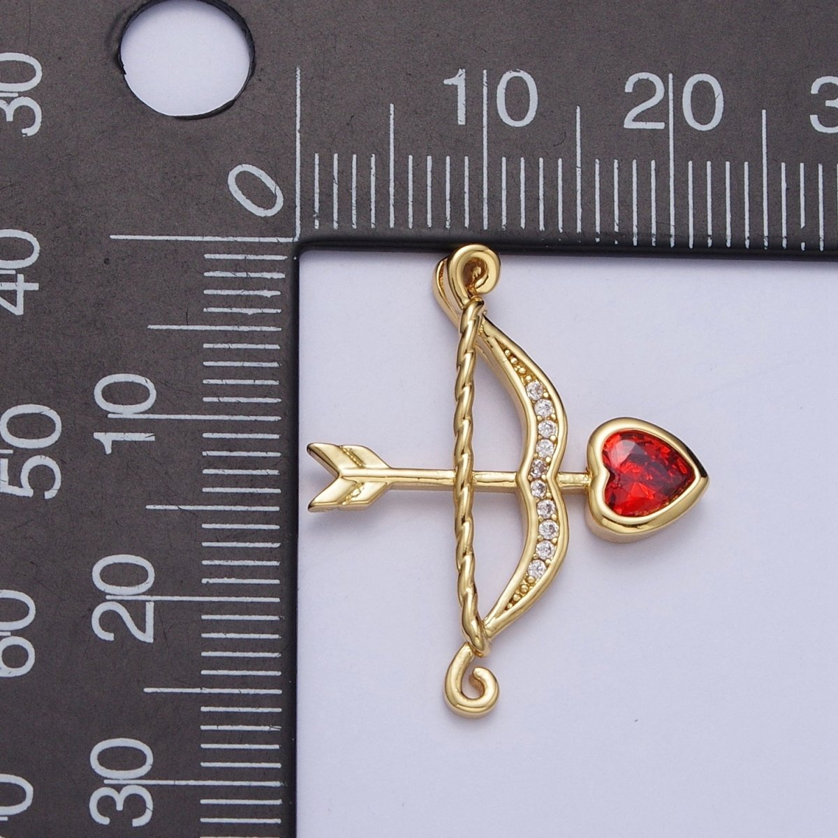 Micro Pave Archery Bow &amp; Arrow with Red Heart Cubic Zirconia Gold Charm For Jewelry Making AG-133