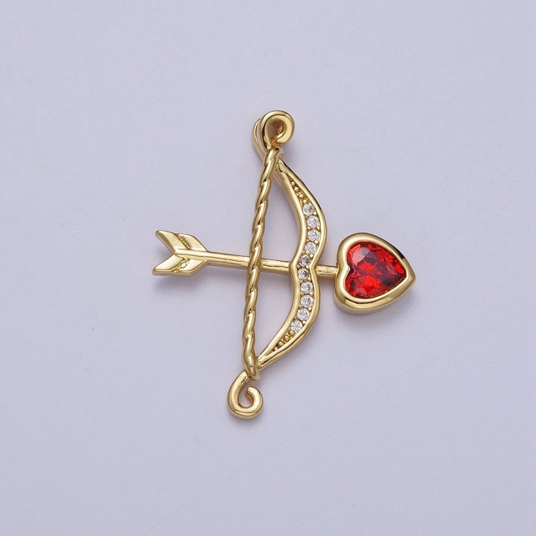Micro Pave Archery Bow &amp; Arrow with Red Heart Cubic Zirconia Gold Charm For Jewelry Making AG-133
