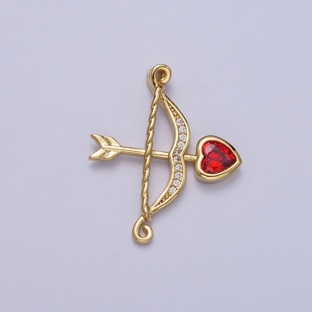 Micro Pave Archery Bow &amp; Arrow with Red Heart Cubic Zirconia Gold Charm For Jewelry Making AG-133
