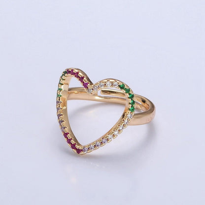 Micro Pave Clear Fuchsia Green Cubic Zirconia Heart Adjustable Gold Ring | O-479