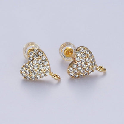 OS Micro Pave Cubic Zirconia Heart Stud Earrings with Open Loop Link, Valentine Love Component For Earrings Making L-872