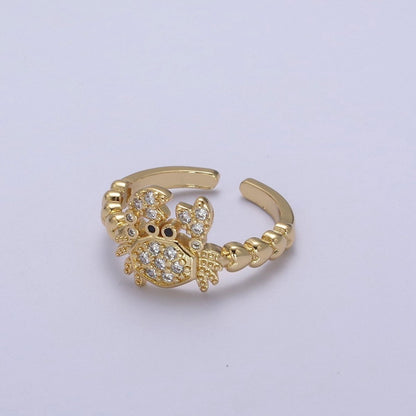 Micro Pave Cute Crab Ring, Heart Textured Gold Adjustable Band Ring, 24K Gold Filled Nature Ocean Wildlife Under The Sea Ring U-440