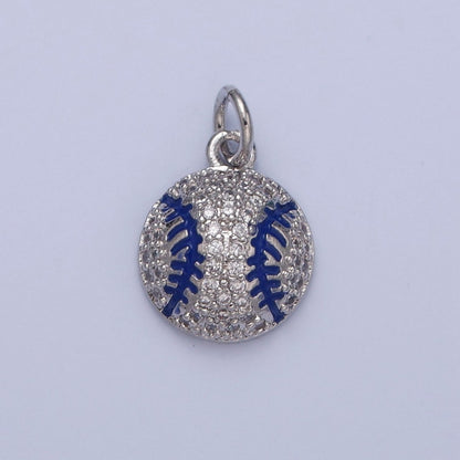 Micro Pave CZ Baseball Charm, Clear Cubic Zirconia with Blue Enamel Stripe Ball | X-065 X-066