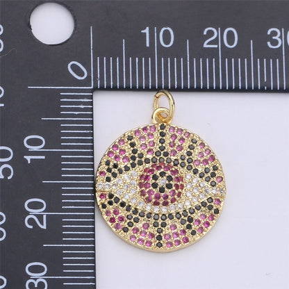 Micro Pave Evil Eye charm, Eye of Ra pendants, Gold Evil Eye charm, Cubic Disc Coin charms 24k Gold Filled Lead Nickel Free 26X21mm, C-911
