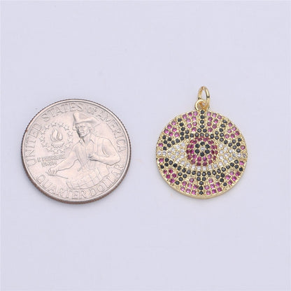 Micro Pave Evil Eye charm, Eye of Ra pendants, Gold Evil Eye charm, Cubic Disc Coin charms 24k Gold Filled Lead Nickel Free 26X21mm, C-911