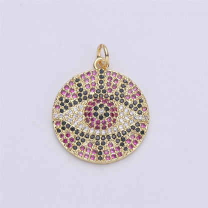 Micro Pave Evil Eye charm, Eye of Ra pendants, Gold Evil Eye charm, Cubic Disc Coin charms 24k Gold Filled Lead Nickel Free 26X21mm, C-911