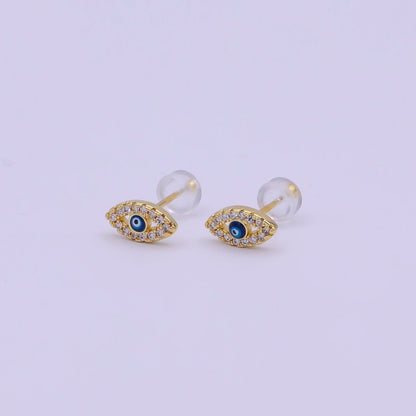 Micro Pave Gold Evil Eye Stud Earring Dainty Talisman Amulet Earring T-282