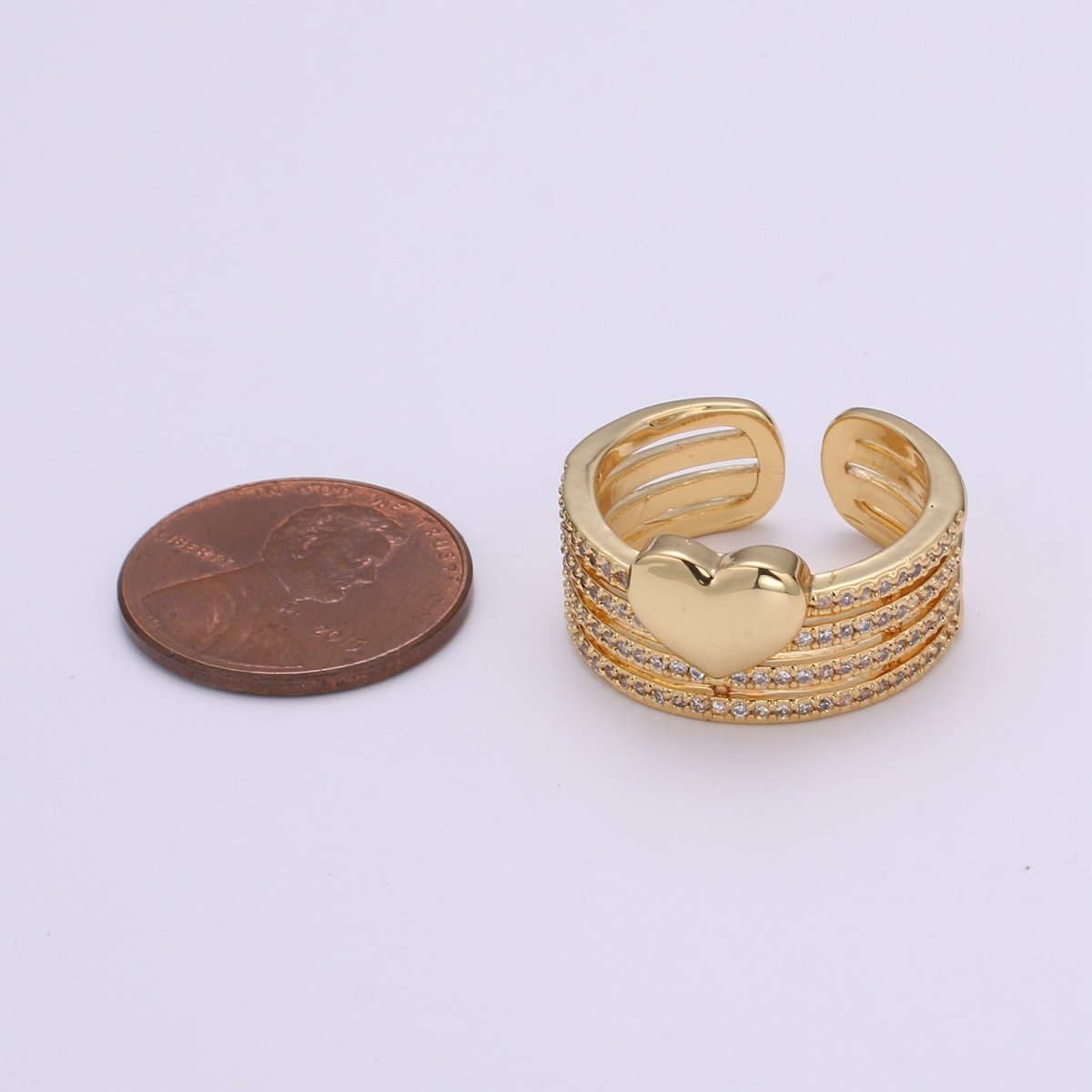 Micro Pave Gold Heart Ring, Love Ring, Open Heart Ring, Adjustable Open Ring, Gold Stacking Ring, Chunky Heart Ring US Size 6 O-285