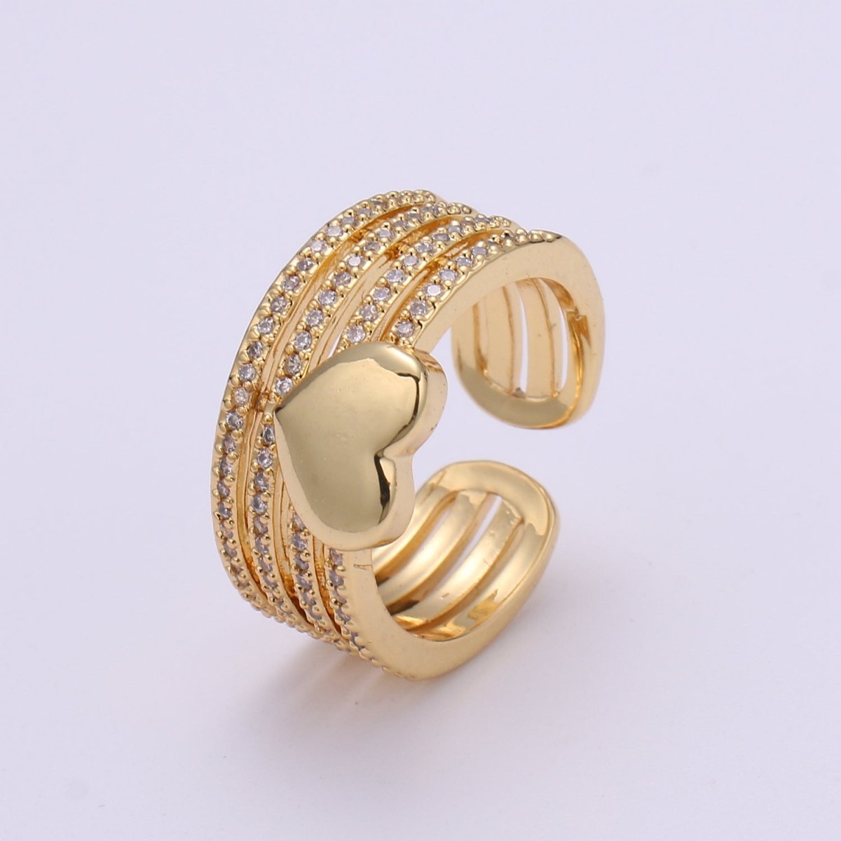Micro Pave Gold Heart Ring, Love Ring, Open Heart Ring, Adjustable Open Ring, Gold Stacking Ring, Chunky Heart Ring US Size 6 O-285