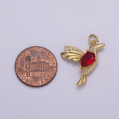 24K Gold Filled 25mm Red Micro Paved CZ Hummingbird Bird Animal Charm | N230