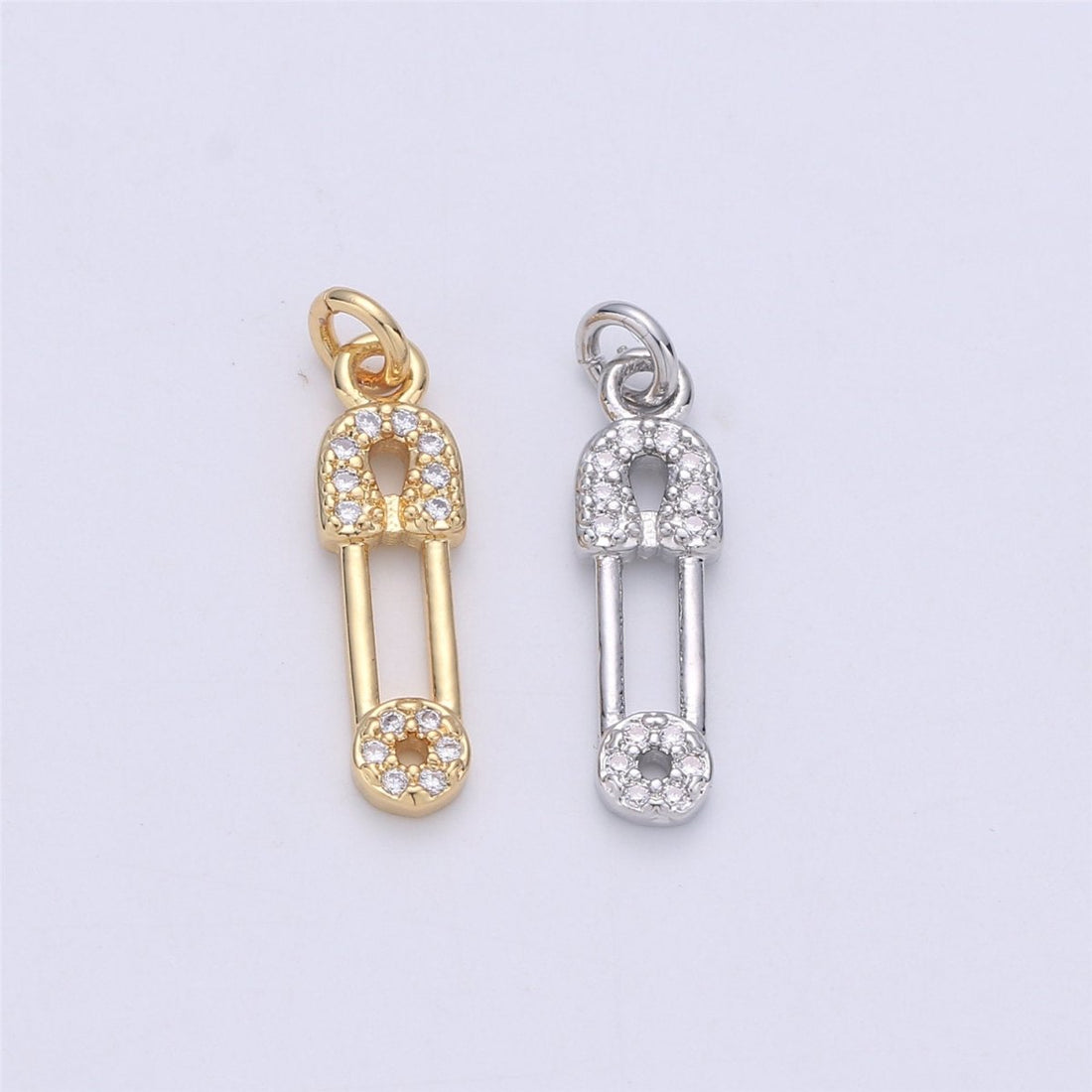 Micro Pave Gold Safety pin charm 1 piece, 20x5mm 14k gold plated brass, Nickel free, Cubic zirconia, Dainty charm C-922