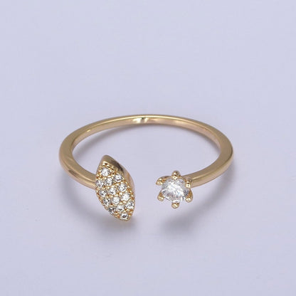Micro Pave Gold Sharp Angle Oval Open Ring, 16K Gold Filled Crystal Cubic Zirconia CZ Statement Ring, Minimalist Stacking Ring U-434