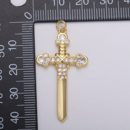 Micro Pave Knight Sword Pendant 14k Gold Fill Sword Charm for Necklace Earring DIY Jewelry Making Accessories E-213
