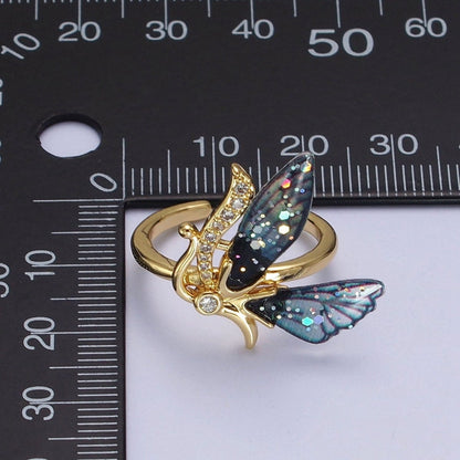 Micro Paved Antenna Butterfly Fairy Fuchsia, Blue Wings Adjustable Ring | O-098 O-099
