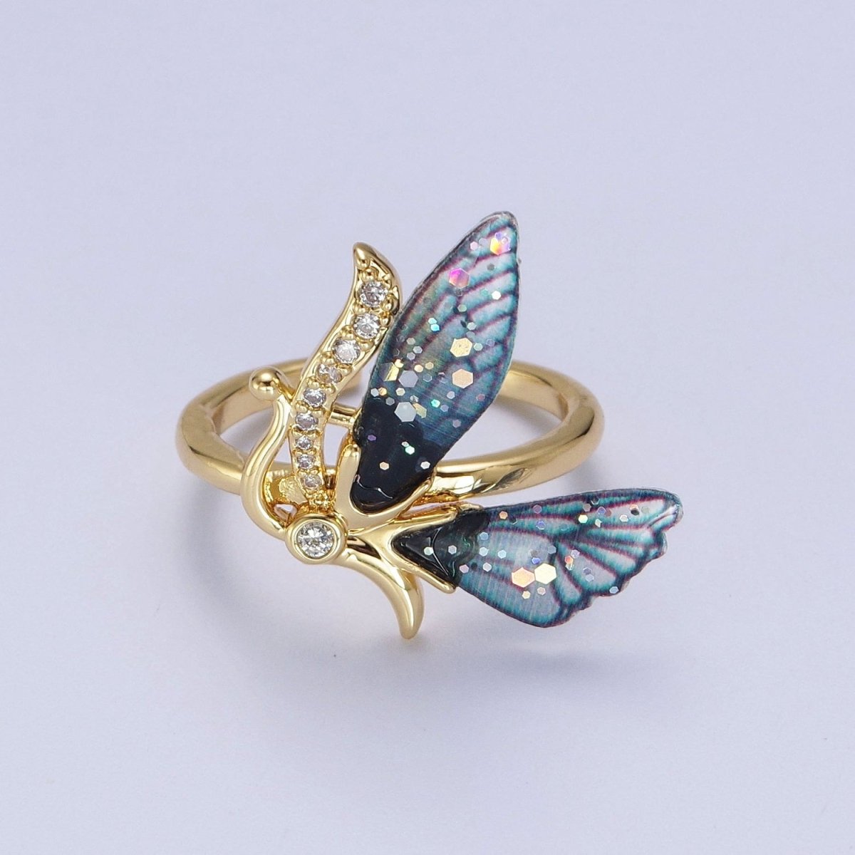 Micro Paved Antenna Butterfly Fairy Fuchsia, Blue Wings Adjustable Ring | O-098 O-099