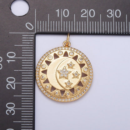 Micro Paved Celestial Sun Crescent Moon Stars Medallion Charm | X-112