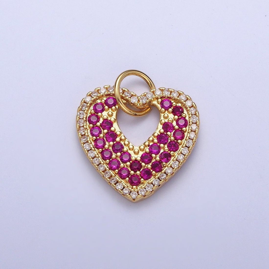 Micro Paved Clear Fuchsia Love Gold Heart Open Charm For Valentine Jewelry Component | C-769