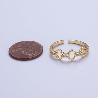 Micro Paved Cubic Zirconia Quatrefoil Clover Chain Link Adjustable Gold Ring | U-058