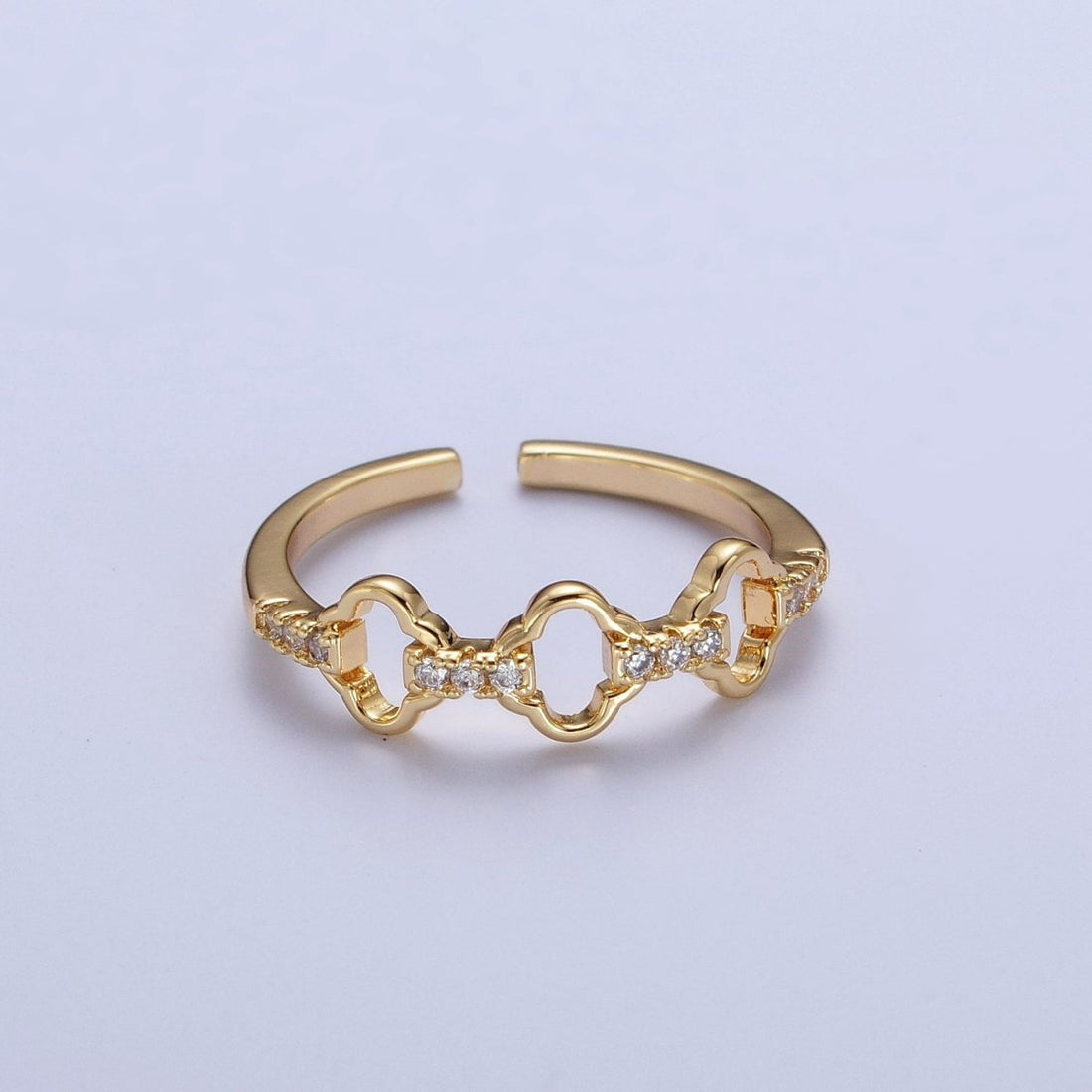 Micro Paved Cubic Zirconia Quatrefoil Clover Chain Link Adjustable Gold Ring | U-058