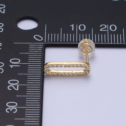 Micro Paved CZ 14.5mm Oblong Paperclip Link Stud Earrings in Gold &amp; Silver | AB394 AB397