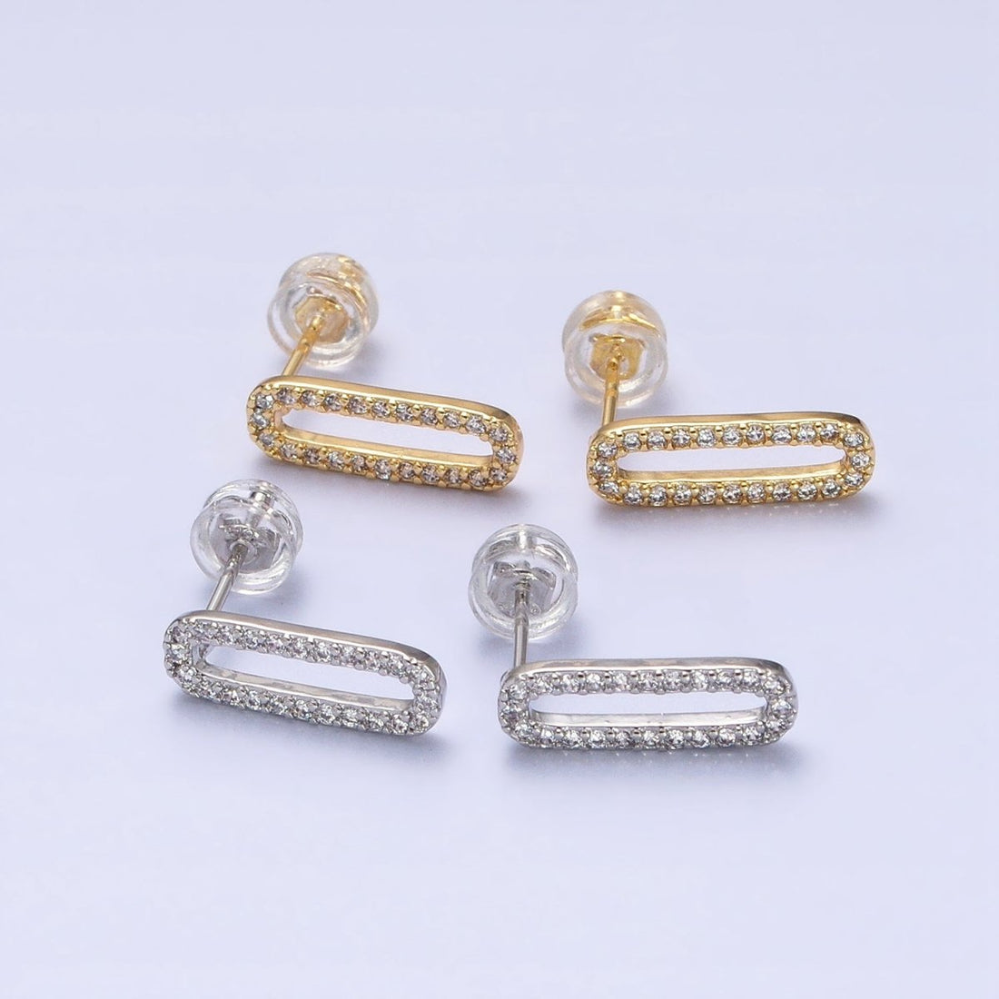 Micro Paved CZ 14.5mm Oblong Paperclip Link Stud Earrings in Gold &amp; Silver | AB394 AB397