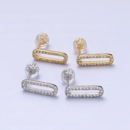 Micro Paved CZ 14.5mm Oblong Paperclip Link Stud Earrings in Gold &amp; Silver | AB394 AB397