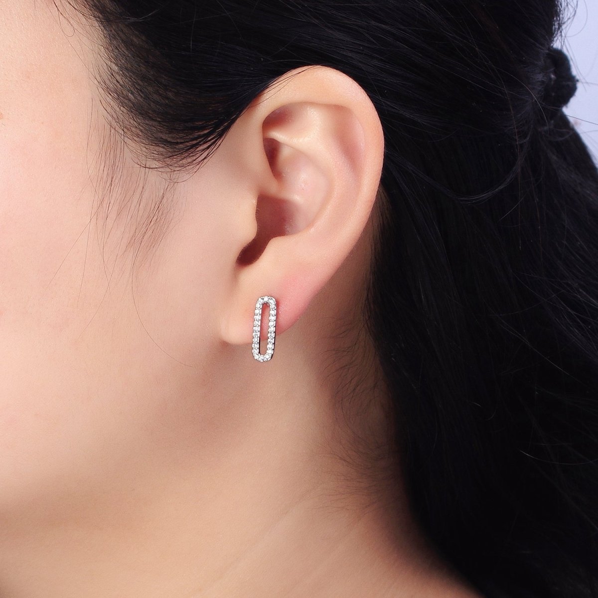 Micro Paved CZ 14.5mm Oblong Paperclip Link Stud Earrings in Gold &amp; Silver | AB394 AB397