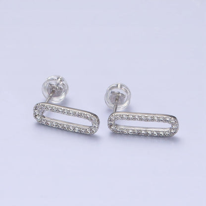 Micro Paved CZ 14.5mm Oblong Paperclip Link Stud Earrings in Gold &amp; Silver | AB394 AB397