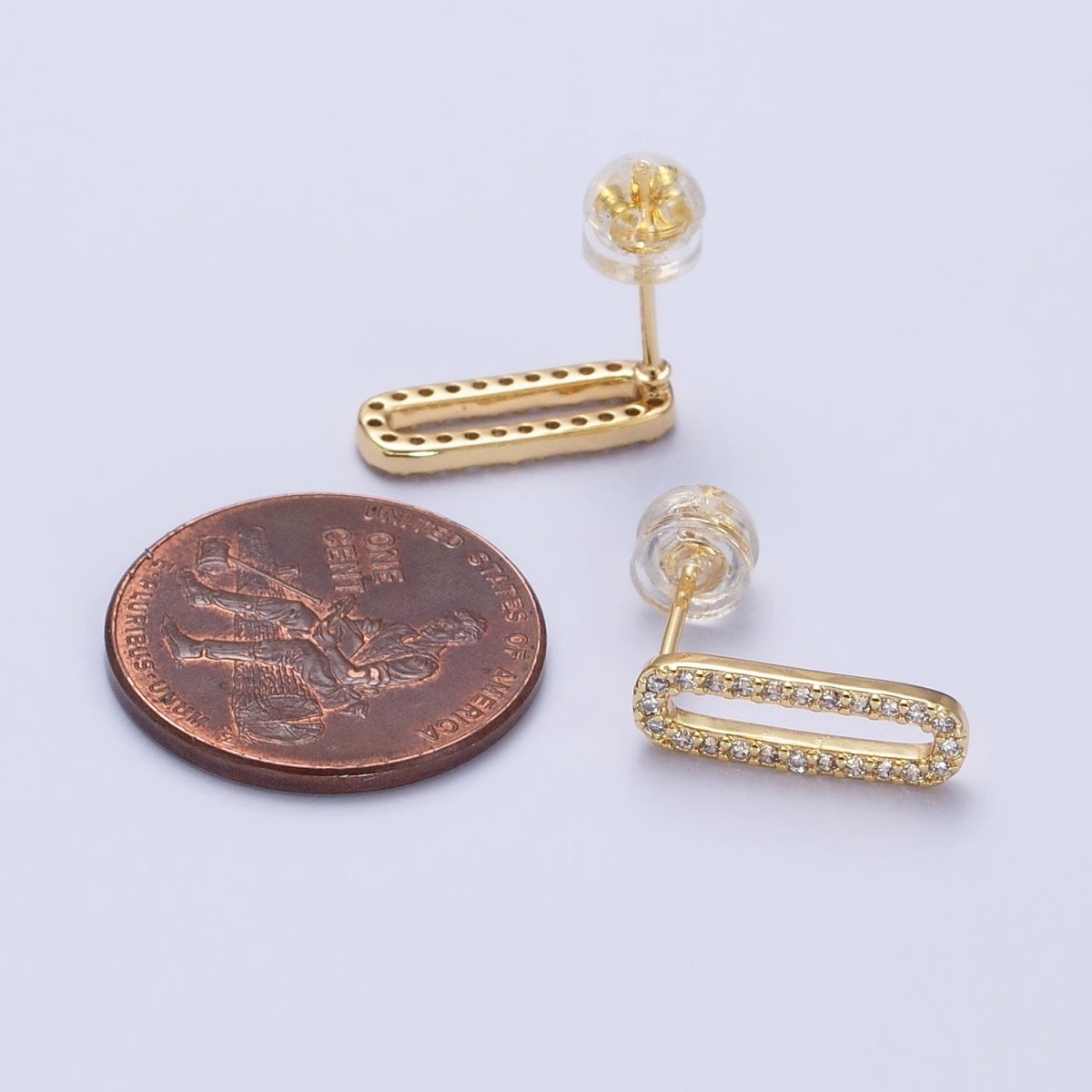 Micro Paved CZ 14.5mm Oblong Paperclip Link Stud Earrings in Gold &amp; Silver | AB394 AB397
