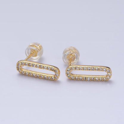 Micro Paved CZ 14.5mm Oblong Paperclip Link Stud Earrings in Gold &amp; Silver | AB394 AB397
